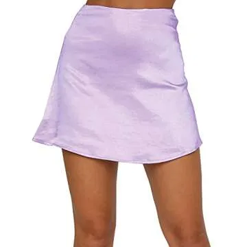 LYANER Women's Casual Satin Silk High Waist Zipper Mini Short Skirt Solid Lilac#1 X-Small
