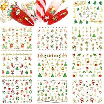 PrettyDiva Christmas Nail Stickers - 10 Packs 3D Metal Gold Xmas Design Self-Adhesive Nail Decals, B...