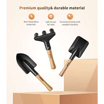 Geyiie Gardening Set Toy, Kids Wood Gardening Ourdoor Toy-Rake, Fork, Shovel, Trowel, How to Gardening Tale-Child Gardening Tool for Toddler Girls Boys Aged Up 3+(7PCS)