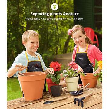 Geyiie Gardening Set Toy, Kids Wood Gardening Ourdoor Toy-Rake, Fork, Shovel, Trowel, How to Gardening Tale-Child Gardening Tool for Toddler Girls Boys Aged Up 3+(7PCS)