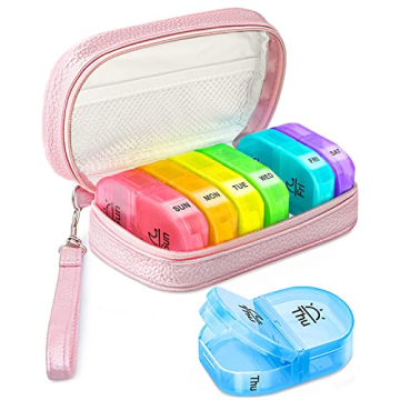 AMOOS Cute Pill Organizer 2 Times a Day, PU Leather Pill Case for Women, Portable Weekly Pill Box fo...