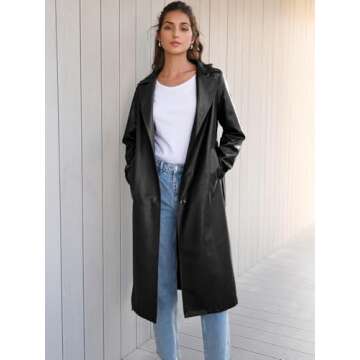 Trendy Queen Womens Black Long Faux Leather Jackets Trench Coat Fall Blazer 2025 Going Out Outfits C...
