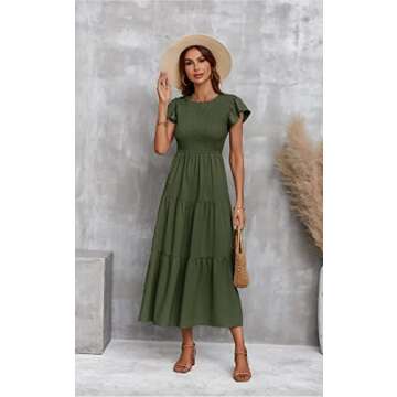 ECOWISH Womens Dresses Wedding Guest Cocktail Midi Ruffle Cap Sleeves Summer A-Line Casual Smocked M...