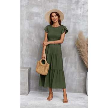 ECOWISH Womens Dresses Wedding Guest Cocktail Midi Ruffle Cap Sleeves Summer A-Line Casual Smocked Maxi Dress 297 Army Green Small