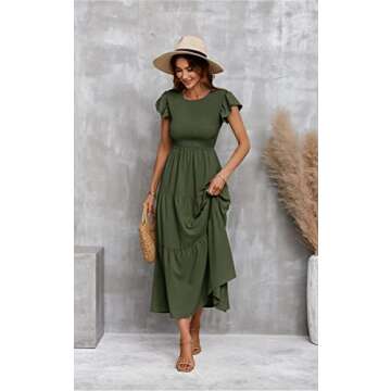 ECOWISH Womens Dresses Wedding Guest Cocktail Midi Ruffle Cap Sleeves Summer A-Line Casual Smocked Maxi Dress 297 Army Green Small