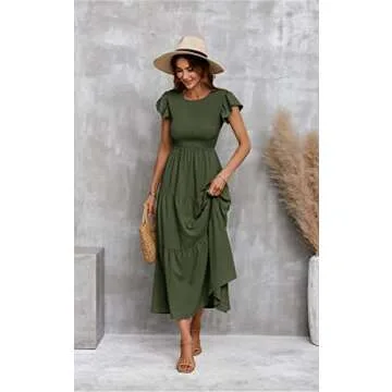 ECOWISH Womens Dresses Wedding Guest Cocktail Midi Ruffle Cap Sleeves Summer A-Line Casual Smocked Maxi Dress 297 Army Green Small