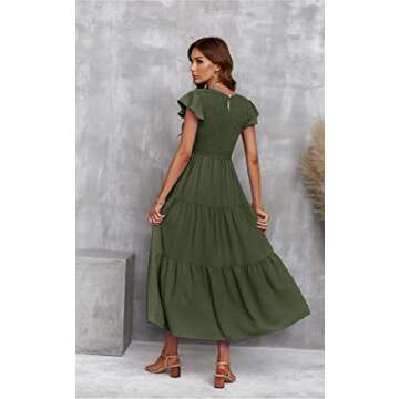 ECOWISH Womens Dresses Wedding Guest Cocktail Midi Ruffle Cap Sleeves Summer A-Line Casual Smocked Maxi Dress 297 Army Green Small