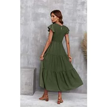 ECOWISH Womens Dresses Wedding Guest Cocktail Midi Ruffle Cap Sleeves Summer A-Line Casual Smocked Maxi Dress 297 Army Green Small