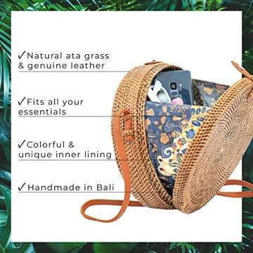 Novum Crafts Round Rattan Bag for Women - Handmade Ata Wicker Woven Purse - Circle, Square, Oval Bro...