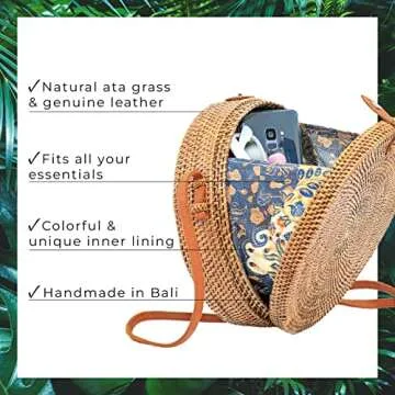 Novum Crafts Round Rattan Bag for Women - Handmade Ata Wicker Woven Purse - Circle, Square, Oval Bro...