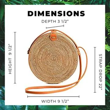 Novum Crafts Round Rattan Bag for Women - Handmade Ata Wicker Woven Purse - Circle, Square, Oval Brown Straw Boho Bags