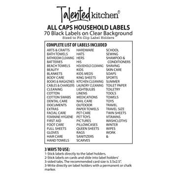 Talented Kitchen 8 Pack Metal Basket Labels Clip On Holders with 70 Household Labels for Storage Bins, Bin Clips Label Tags for Organizing Home, Bathroom, Linen Closet (White)