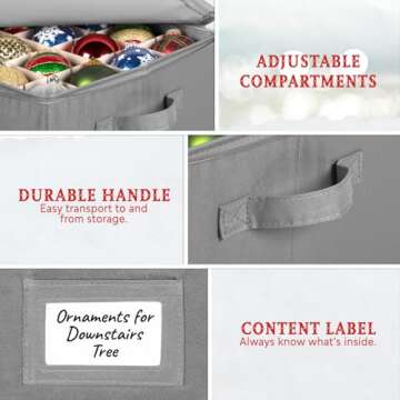 HOLDN’ STORAGE Christmas Ornament Storage Box - Christmas Decor Storage Containers that Store up to 64 – 3” x 3” Holiday Xmas Ornaments – Adjustable Compartment To Fit Many Sizes Ornaments – Grey.