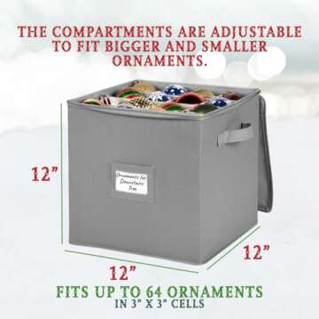 HOLDN’ STORAGE Christmas Ornament Storage Box - Christmas Decor Storage Containers that Store up to 64 – 3” x 3” Holiday Xmas Ornaments – Adjustable Compartment To Fit Many Sizes Ornaments – Grey.