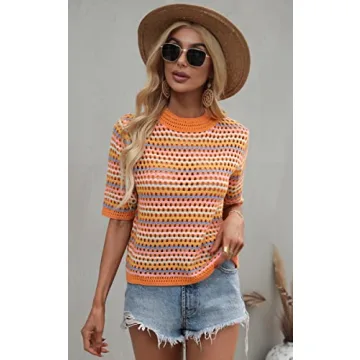Angashion Striped Knitted Shirt Lightweight Summer Tops
