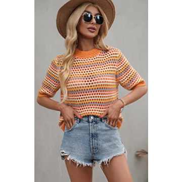 Angashion Striped Knitted Shirt Lightweight Summer Tops