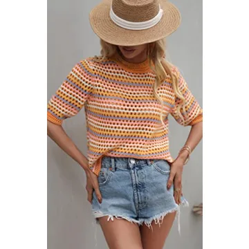 Angashion Striped Knitted Shirt Lightweight Summer Tops