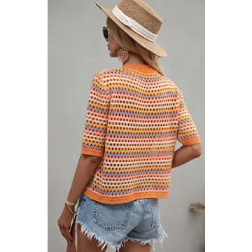 Angashion Striped Knitted Shirt Lightweight Summer Tops