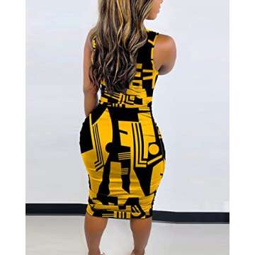 ECHOINE Women Sexy Print Crew Neck Sleeveless Stretchy Pencil Midi Bodycon Dress Office Work Church ...