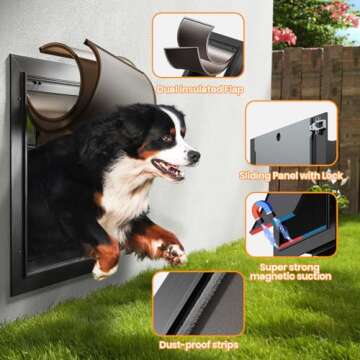 Dog Door for Wall, All Aluminum Large Doggy Door Doggie door, Pet Door Easy to Install, 2 Magnetic Flaps Energy Efficient, Wide Telescoping Tunnel for Interior & Exterior Walls, Pet Up to 110 Lb-Black