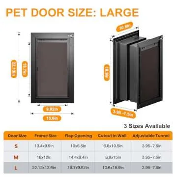 Dog Door for Wall, All Aluminum Large Doggy Door Doggie door, Pet Door Easy to Install, 2 Magnetic Flaps Energy Efficient, Wide Telescoping Tunnel for Interior & Exterior Walls, Pet Up to 110 Lb-Black