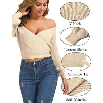 Cross Front Sweater for Women Sexy V Neck Long Sleeves Knit Tops Apricot S