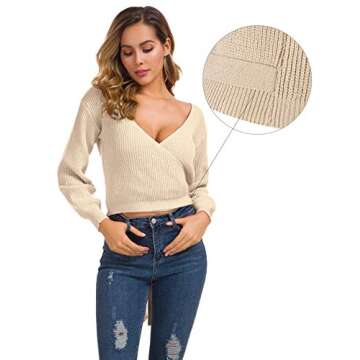 Cross Front Sweater for Women Sexy V Neck Long Sleeves Knit Tops Apricot S