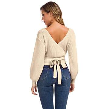 Cross Front Sweater for Women Sexy V Neck Long Sleeves Knit Tops Apricot S