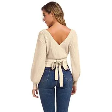 Cross Front Sweater for Women Sexy V Neck Long Sleeves Knit Tops Apricot S