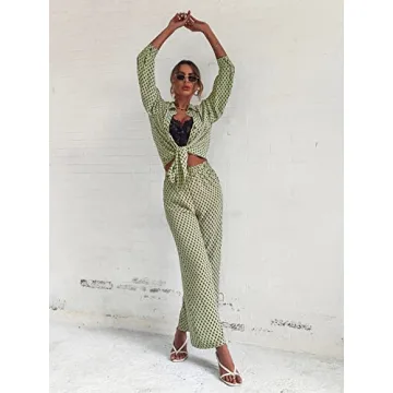 Floerns Women's 2 Piece Green Argyle Outfit Set for Style