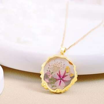 Hefestus Birth Flower Necklace for Women – May Verbena Real Pressed Flower Jewelry, Handmade Penda...