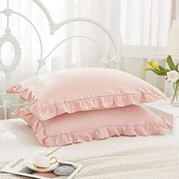 Pink Pillow Shams Baby Pink Ruffle Standard Pillowcases Cute Pillow Cover Set of 2 Shabby Chic Soft Microfiber Pillowcases 2 Pack (Queen (20''x30''), Pink)