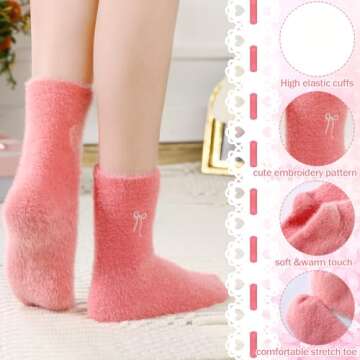 Geyoga 5 Pcs Women's Bow Fuzzy Socks Winter Crew Slipper Socks coquette stuff Soft Fluffy Thick Home...