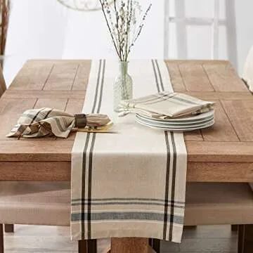 DII French Stripe Dining Table Collection Farmhouse Style Table Runner, 14x72 Inches, Taupe/Black