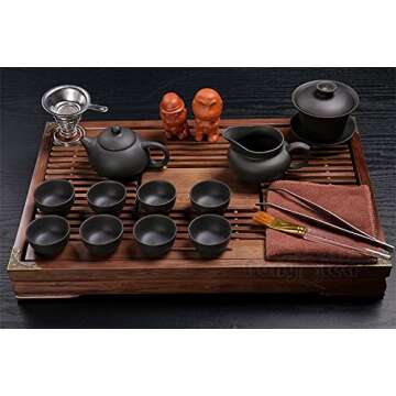 ufengkeExquisite Ceramic Porcelain Kungfu Tea Cup Set with Lid and Wooden Tea Tray-E