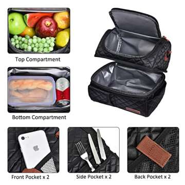 LOKASS Lunch Bags for Women Double Deck Insulated Lunch Box Large Cooler Tote Bag with Removable Shoulder Strap Wide Open Thermal Meal Prep Lunch Organizer for Men Adults Work Picnic, Black-Square