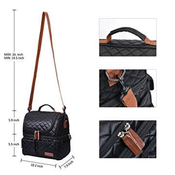 LOKASS Lunch Bags for Women Double Deck Insulated Lunch Box Large Cooler Tote Bag with Removable Shoulder Strap Wide Open Thermal Meal Prep Lunch Organizer for Men Adults Work Picnic, Black-Square