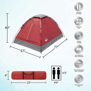 2 Person Camping Tent with Rain Fly and Carrying Bag - Lightweight Outdoor Tent for Backpacking, Hik...