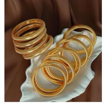 Salircon Gold Bangle Bracelets Set Stackable Gold Stretch Bracelets for Women 2024 Trendy Snake Chunky Gold Bracelet (Gold 1)