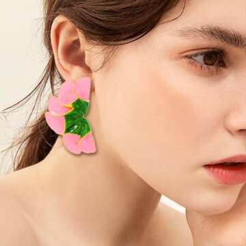 Aksod Large Flower Earrings Pink Enamel Floral Earrings Stud Dripping Oil Statement Plant Earrings J...