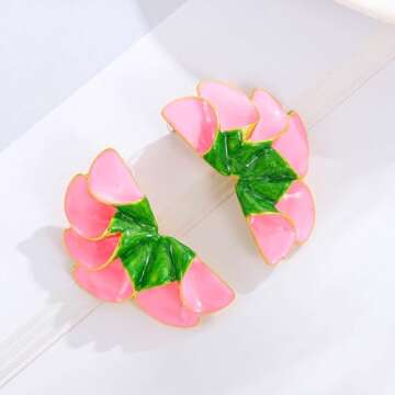 Aksod Large Flower Earrings Pink Enamel Floral Earrings Stud Dripping Oil Statement Plant Earrings Jewelry for Women (Green-Pink)