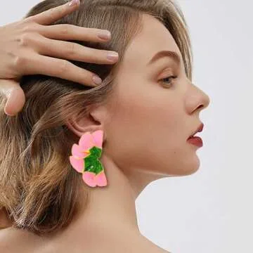 Aksod Large Flower Earrings Pink Enamel Floral Earrings Stud Dripping Oil Statement Plant Earrings Jewelry for Women (Green-Pink)
