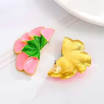 Aksod Large Flower Earrings Pink Enamel Floral Earrings Stud Dripping Oil Statement Plant Earrings Jewelry for Women (Green-Pink)