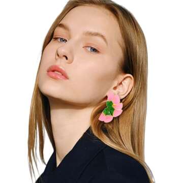 Aksod Large Flower Earrings Pink Enamel Floral Earrings Stud Dripping Oil Statement Plant Earrings Jewelry for Women (Green-Pink)
