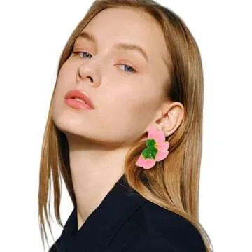 Aksod Large Flower Earrings Pink Enamel Floral Earrings Stud Dripping Oil Statement Plant Earrings Jewelry for Women (Green-Pink)