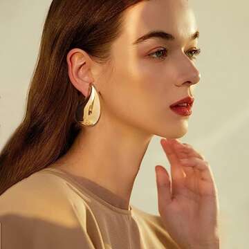 Chunky Gold Hoop Earrings for Women, Lightweight Waterdrop Hollow Open Hoops Tear Drop Silver Gold Trending Oversized Statement Style Earrings Hypoallergenic Gold Plated Earrings Fashion Jewelry for