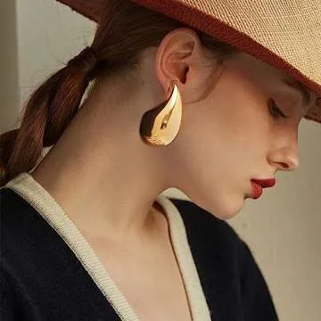 Chunky Gold Hoop Earrings for Women, Lightweight Waterdrop Hollow Open Hoops Tear Drop Silver Gold Trending Oversized Statement Style Earrings Hypoallergenic Gold Plated Earrings Fashion Jewelry for
