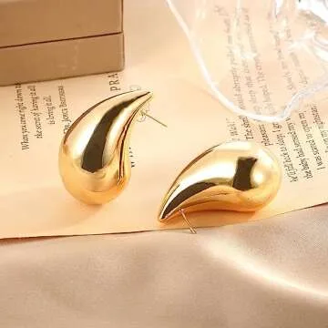 Chunky Gold Hoop Earrings for Women, Lightweight Waterdrop Hollow Open Hoops Tear Drop Silver Gold Trending Oversized Statement Style Earrings Hypoallergenic Gold Plated Earrings Fashion Jewelry for