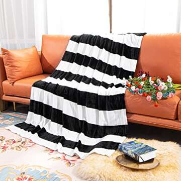 NTBAY Flannel Throw Blanket, Super Soft with Black and White Stripe (51"x68")