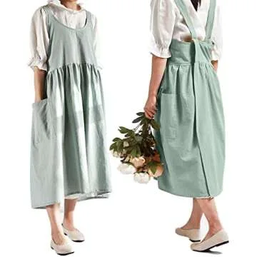 losofar Women Girls Cross Back Apron Gardening Works Cotton Aprons Pinafore Dress (green, 32.3" x 41.3")